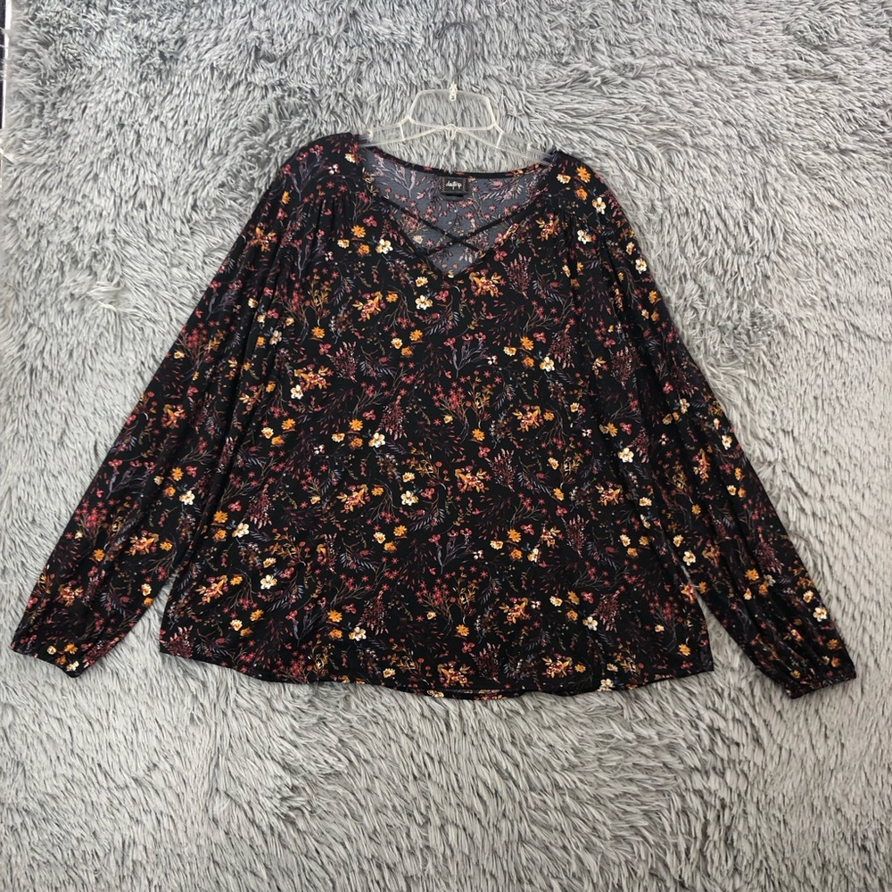 Daytrip Blouse Womens XL Floral Balloon Sleeve Vneck Soft Long Sleeve Black Red